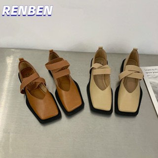 RENBEN Retro Strappy Square Toe Mary Jane Ballerina รองเท้าแบนสําหรับผู้หญิงปากตื้นฝรั่งเศสตื้น