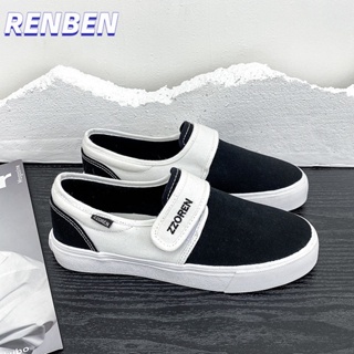 RENBEN ข้อต่อใหม่สีดําและสีขาวลื่นบนรองเท้าผู้หญิง Velcro รองเท้าผ้าใบนักเรียน