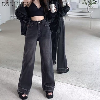 DaDuHey🎈 New Korean Style Ins Retro Washed Raw Edge Jeans Womens Niche High Waist Wide Leg Casual Mop Pants