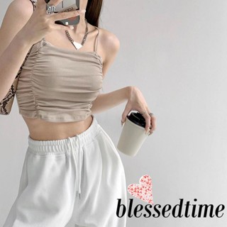 Blessedtime- เสื้อครอปแขนกุด สายสปาเก็ตตี้ สีพื้น แฟชั่นฤดูร้อน สําหรับผู้หญิง ใส่ไปคลับ