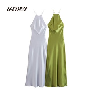 Uibey ชุดเดรส ผ้าไหมซาติน สีพื้น แฟชั่น 9588