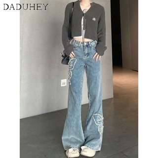 DaDuHey🎈  Womens Summer Butterfly Embroidered Retro Washed Jeans Korean Style High Waist SlimmingSlim Casual Mop Bootcut Pants