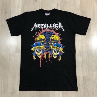 เสื้อยืดแขนสั้น ผ้าฝ้าย พิมพ์ลาย Metallica Metal Band Guns NRoses Gun Flower สไตล์พังก์ร็อค