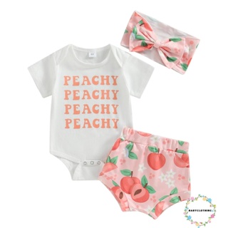 Babyclothes- ชุดรอมเปอร์ แขนสั้น พิมพ์ลายตัวอักษร และกางเกงขาสั้น ผ้ายืด พิมพ์ลายลูกพีช แฟชั่นฤดูร้อน สําหรับเด็กผู้หญิง