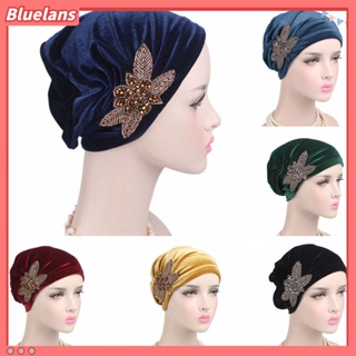 【 Bluelans 】หมวกบีนนี่ ผ้าโพกหัว ผ้ากํามะหยี่ ประดับลูกปัด ดอกไม้ มะเร็ง สําหรับผู้หญิงมุสลิม