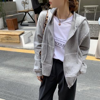 เสื้อแจ็กเก็ตคาร์ดิแกนกันหนาว มีฮู้ด ทรงหลวม สีเทา แฟชั่นฤดูใบไม้ร่วง สไตล์เกาหลี สําหรับผู้หญิง