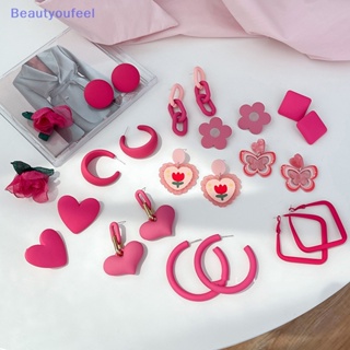 [Beautyoufeel] ต่างหูสตั๊ด จี้รูปหัวใจ ดอกไม้น่ารัก สีชมพู เรียบง่าย เครื่องประดับแฟชั่น สไตล์ฮิปฮอป สําหรับผู้หญิง 1 คู่