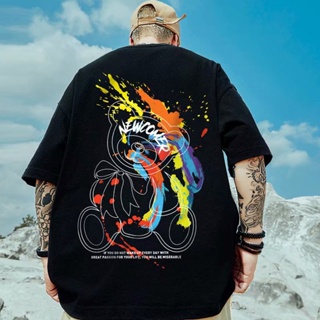 S-8XL Trendy Korean round neck splash ink bear print short-sleeved T-shirt men and women ins tide brand fashion per_03