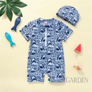 Babygarden-0-4 ปี เด็กทารก ฤดูร้อน ลําลอง ชุดว่ายน้ํารอมเปอร์ แขนสั้น คอกลม พิมพ์ลายฉลาม มีซิป ชุดว่ายน้ํา พร้อมหมวก