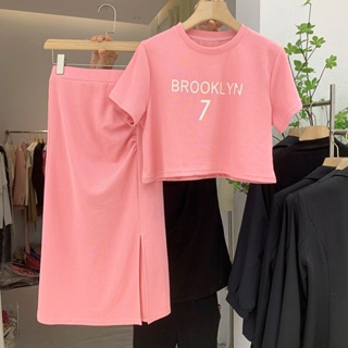 Letter sweater leisure sports suit womens short-sleeved 2023 summer T-shirt + forked skirt two-piece set