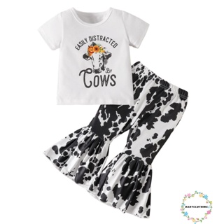 Babyclothes- ชุดเสื้อยืดแขนสั้น พิมพ์ลายหัววัว และกางเกงขาบาน แฟชั่นฤดูร้อน สําหรับเด็กผู้หญิง