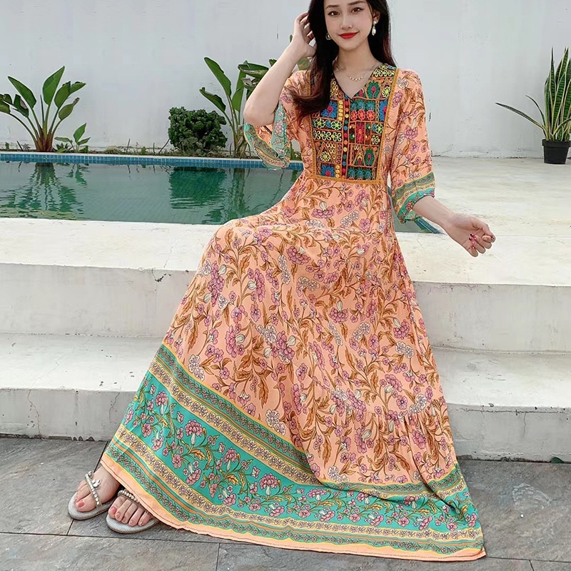 new-product-in-stock-southeast-asian-summer-ethnic-style-embroidered-dress-cotton-silk-floral-beach-dress-v-neck-big-swing-quality-assurance-fjaa