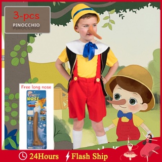 Pinocchio เครื่องแต่งกายสําหรับเด็กผู้ชาย Disney Funny Pinocchio คอสเพลย์ยอดนิยมกางเกงเสื้อกั๊กหมวกฮาโลวีนงานรื่นเริงวันเกิดการ์ตูนตลกเสื้อผ้า