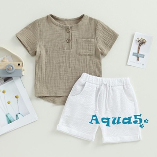Aqq- ชุดเสื้อแขนสั้น และกางเกงขาสั้น สีพื้น แฟชั่นฤดูร้อน สําหรับเด็กผู้ชาย 2 ชิ้น