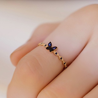 แหวนแต่งงาน เหล็กไทเทเนียม ประดับเพทายคริสตัล รูปผีเสื้อ สีทอง สีฟ้า สไตล์เกาหลี หรูหรา แฟชั่นสําหรับผู้หญิง