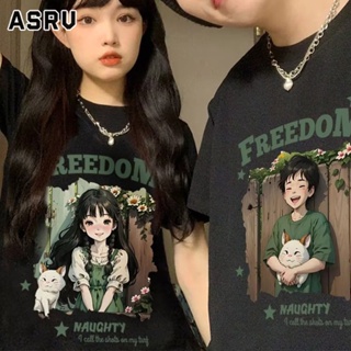 ASRV เสื้อยืด เวอร์ชั่นเกาหลีของ ins การ์ตูนอะนิเมะตัวอักษรพิมพ์ตัวอักษรแขนสั้นคู่เสื้อยืดชายและหญิงหลวมสบาย ๆ