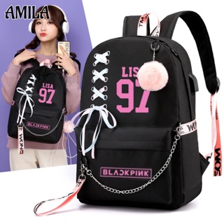 AMILA BLACKPINK กระเป๋าเป้สะพายหลังสไตล์เกาหลี คนดังใช้ กระเป๋าเป้สะพายหลัง ด้วยอินเตอร์เฟส USB Lisa Jisoo Rose Jennie