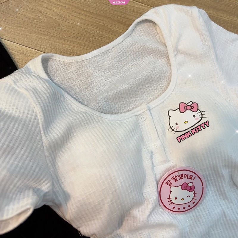 sanrio-เสื้อยืดแขนสั้น-พิมพ์ลายอนิเมะ-hello-kitty-แฟชั่นฤดูร้อน-สไตล์เกาหลี-สําหรับผู้หญิง-2023-y2k