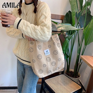 AMILA กระเป๋าสะพายไหล่ผ้าลูกฟูกแฟชั่นวินเทจ กระเป๋าผ้าแคนวาสหน้ายิ้ม ง่ายๆ สบายๆ นักเรียนที่กำลังเดินทางไปเรียน