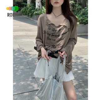 Nini [สินค้าใหม่ ฤดูร้อน] เสื้อยืดแขนยาว พิมพ์ลายตัวอักษร กันแดด ทรงหลวม สไตล์เกาหลี ใส่ด้านนอก สุดชิค