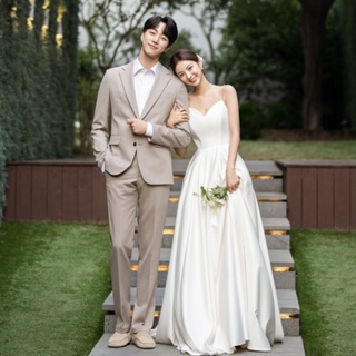 ชุดเดรส ผ้าซาติน ประดับไข่มุก แบบเรียบง่าย สไตล์เกาหลี สําหรับถ่ายภาพ งานแต่งงาน หมั้น 2023