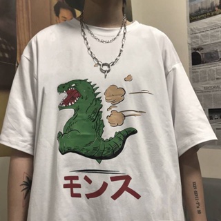 เสื้อยืดลายการ์ตูน Anime Dinosaur Mons Escape ลายพิมพ์ Cotton Trendy Mens Short Sleeve Cute