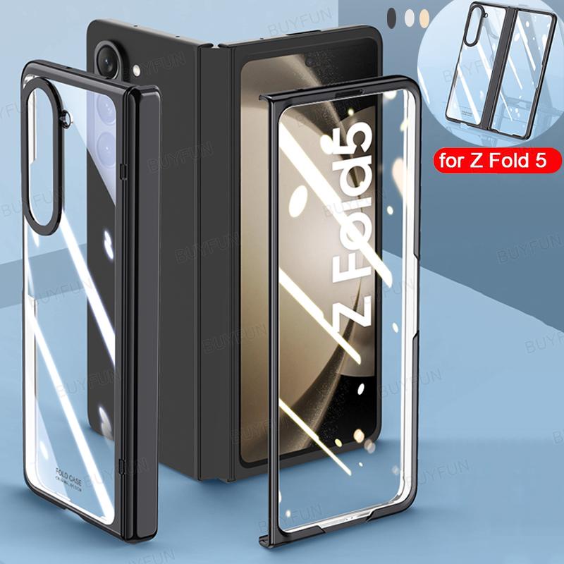for-galaxy-z-fold5-fold-5-zfold5-5g-case-plating-hard-hinge-shell-shockproof-clear-cover-with-tempered-glass