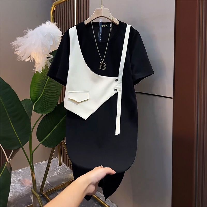 large-size-womens-clothing-stylish-black-and-white-contrast-color-fashion-mid-length-dress-niche-design-stitching-short-sleeved-thin-dress-for-women