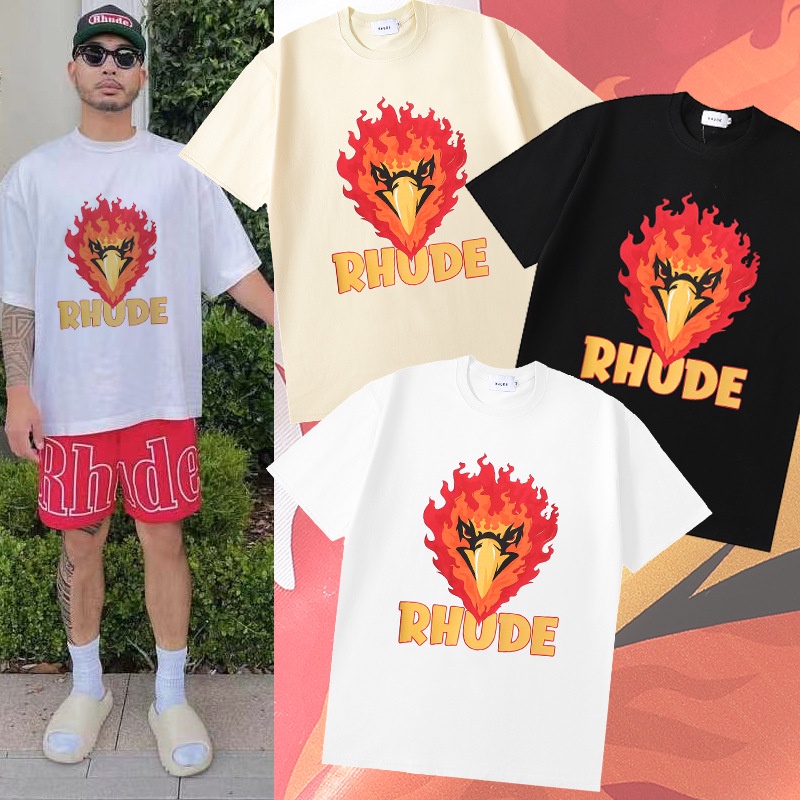 r-rhude-2023ss-eagle-flame-คู่รักวัยรุ่นแบบหลวมๆ-เสื้อยืดแขนสั้น