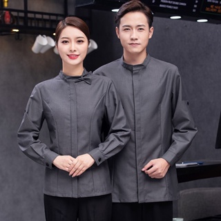 Hot sale💕(M-4XL) เสื้อยูนิฟอร์ม ชุดทำงาน  ร้านอาหารจีน บริกร แขนยาว ใส่สบาย ระบายอากาศได้ดี