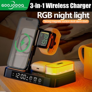 GOOJODOQ 4 in 1 แท่นชาร์จหูฟังไร้สาย พร้อมนาฬิกาปลุก และไฟกลางคืน สําหรับ iPhone Watch