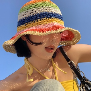 Hyunya หมวกฟางปีกกว้าง สีรุ้ง สไตล์ชาวประมง ชายหาด ฤดูร้อน สําหรับผู้หญิง