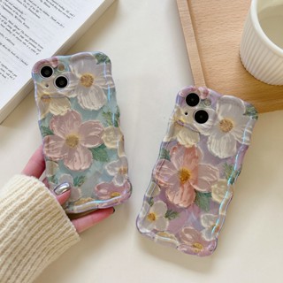 เคสโทรศัพท์มือถือ TPU กันกระแทก ลายภาพวาดสีน้ํามัน รูปคลื่น ดอกไม้ สีเขียว สําหรับ Apple IPhone 15 14 13 12 11 Pro Max