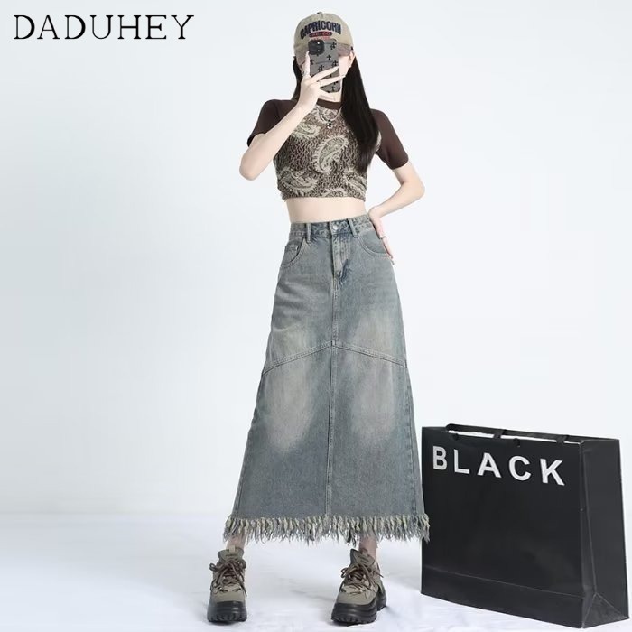 daduhey-new-korean-version-of-retro-denim-skirt-raw-edge-high-waist-loose-a-line-skirt-large-size-mid-length-skirt