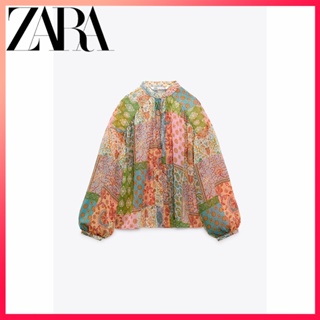 Zara ใหม่ เสื้อเชิ้ต แขนยาว พิมพ์ลาย เย็บปะติดปะต่อกัน สําหรับผู้หญิง