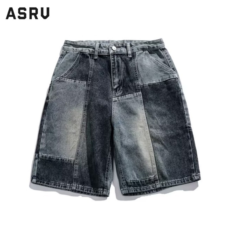 asrv-กางเกงยีนส์ขาสั้นผู้ชายล้างเย็บสไตล์อเมริกันเรโทรหลวมตรงกางเกงลำลองแบรนด์ไทด์