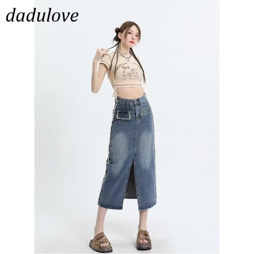 dadulove-new-korean-version-of-ins-retro-washed-denim-skirt-niche-slit-high-waist-a-line-skirt-bag-hip-skirt