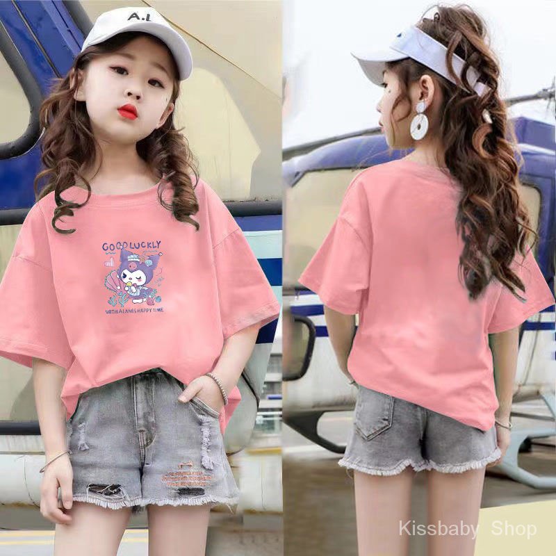 เสื้อยืดแขนสั้น-สีพื้น-แฟชั่นฤดูร้อน-สําหรับเด็กผู้หญิง-2023