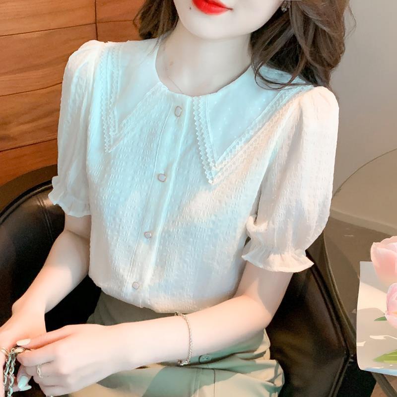 เสื้อเชิ้ตแขนสั้น-คอตุ๊กตา-ผ้าชีฟอง-ขนาดเล็ก-เข้ากับทุกการแต่งกาย-แฟชั่นฤดูร้อน-สําหรับผู้หญิง-2023