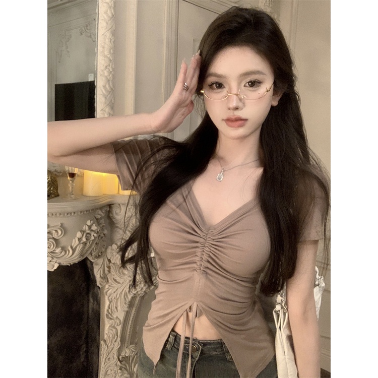 แนะนําแฟชั่น-เสื้อยืดคอวี-แขนสั้น-แบบผูกเชือก-จับจีบ-รัดรูป-แฟชั่นฤดูร้อน-สําหรับผู้หญิง