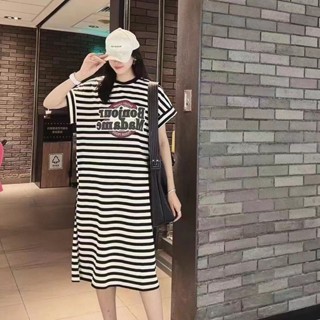 ชุดเดรสเสื้อยืด ลายทาง ทรงหลวม สไตล์เกาหลี แฟชั่นฤดูร้อน สําหรับผู้หญิง E3I5