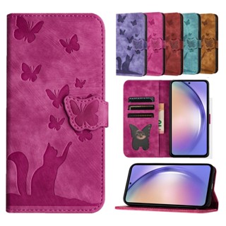 เคสโทรศัพท์แม่เหล็ก ลายผีเสื้อ แมวน่ารัก พร้อมช่องใส่บัตร และขาตั้ง สําหรับ Samsung A13 A14 A23 A33 A53 A54 A34 A24 M23 M14 A04