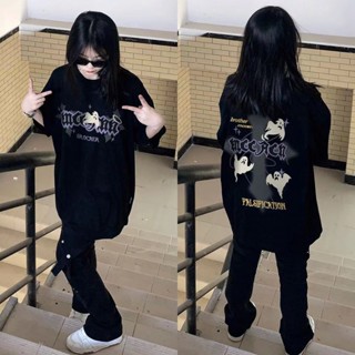 เสื้อยืดแขนสั้นลําลอง คอกลม แบบบาง สีดํา แฟชั่นฤดูร้อน สไตล์สตรีท สําหรับสตรี