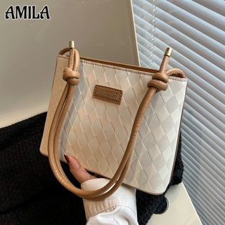 AMILA กระเป๋าถังเพชรตัดกันย้อนยุค เรียบง่ายและงดงาม พื้นผิวขั้นสูง กระเป๋า Messenger สีทึบ PU ลำลอง เรียบง่าย อเนกประสงค์