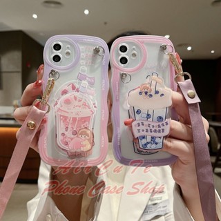 เคส Samsung A14 A13 A12 M12 A11 M11 A04 A04S A03 A03S A02 A02S A24 A23 A22 A21S A20S A10S 4G 5G Wave Milk Tea Stand Lanyard Soft Case