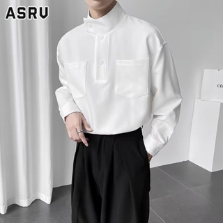 ASRV เสื้อเชิ้ตผู้ชายแขนยาวสีพื้นคอตั้งไม่รีดทรงหลวมหล่อสไตล์เกาหลี