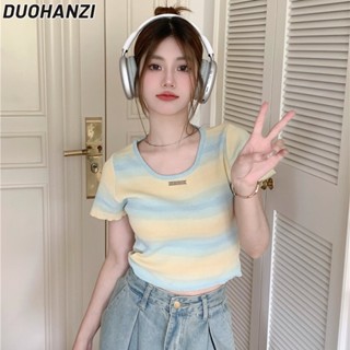 Duohanzi เสื้อกันหนาว ลายทาง สีรุ้ง ไล่โทนสี แฟชั่นฤดูร้อน สําหรับผู้หญิง