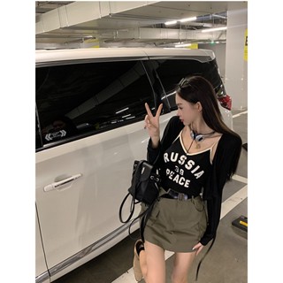 เสื้อแจ็กเก็ต เสื้อคาร์ดิแกน และกระโปรงสั้น พิมพ์ลายตัวอักษร แบบผูกเชือก ทรงหลวม แฟชั่นฤดูร้อน สําหรับผู้หญิง