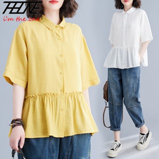 เสื้อเชิ้ตแขนสั้นลําลอง เข้ารูป ขนาดใหญ่ สไตล์เกาหลี สําหรับผู้หญิง