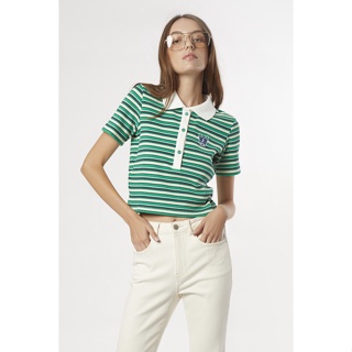 ESP เสื้อนิตเฟรนช์ชี่ลายทาง ผู้หญิง สีเขียว | Frenchie Knit Collared Stripe Top | 6002